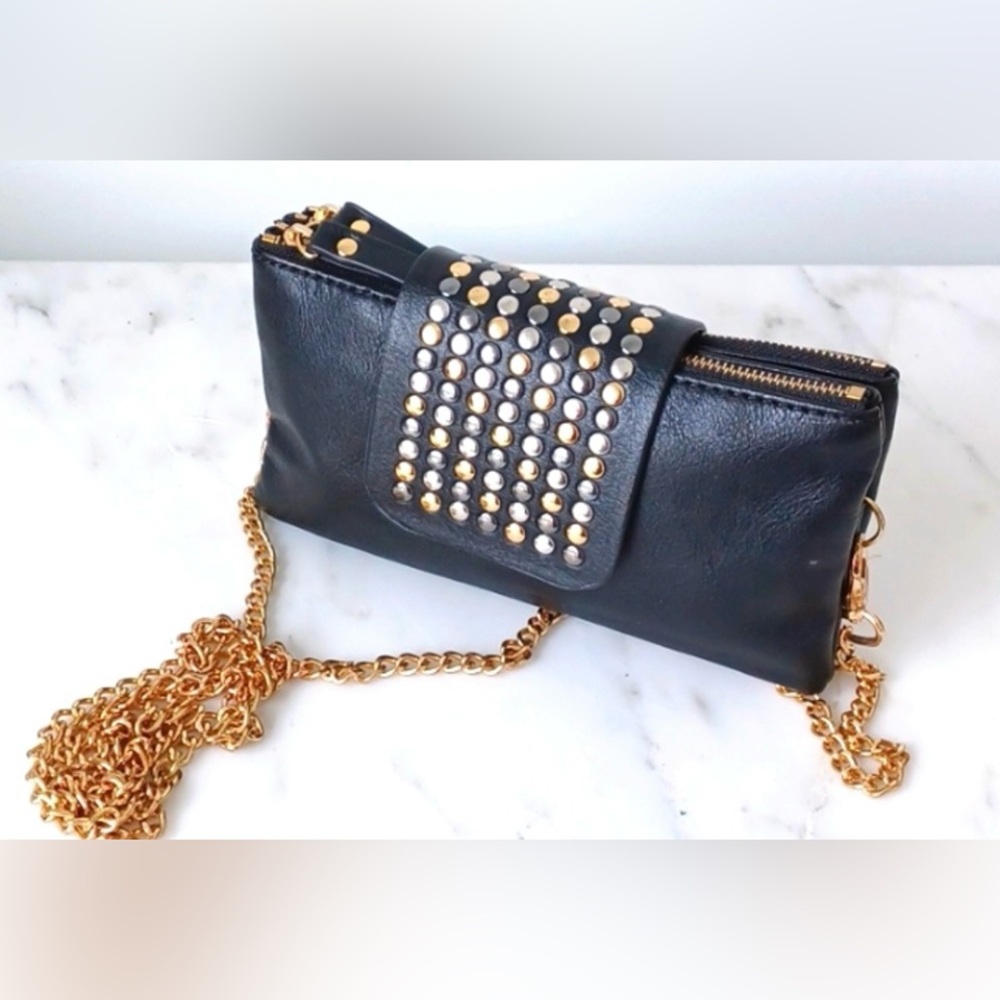Navy blue Leather Studded Chain Bag/wristlet